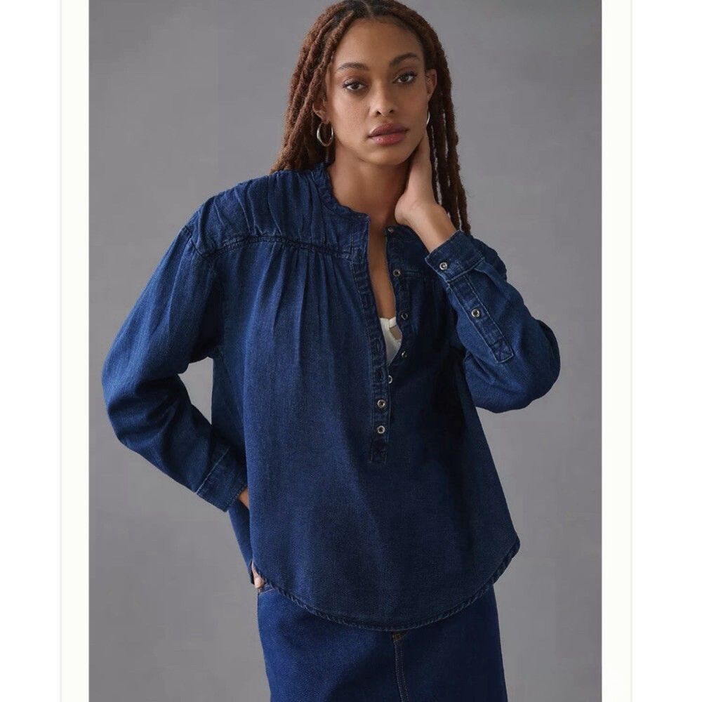 Anthropologie Pilcro Henley Blouse Denim Size S Western Boho
